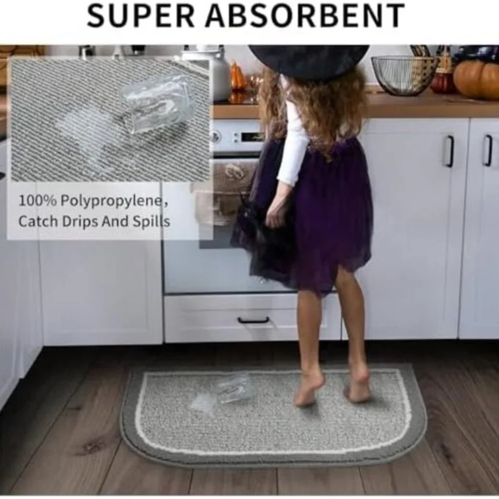 Non Slip Washable, Durable Dirt Resist Half Circle Rug Kitchen Mat 18 x 28 Gray